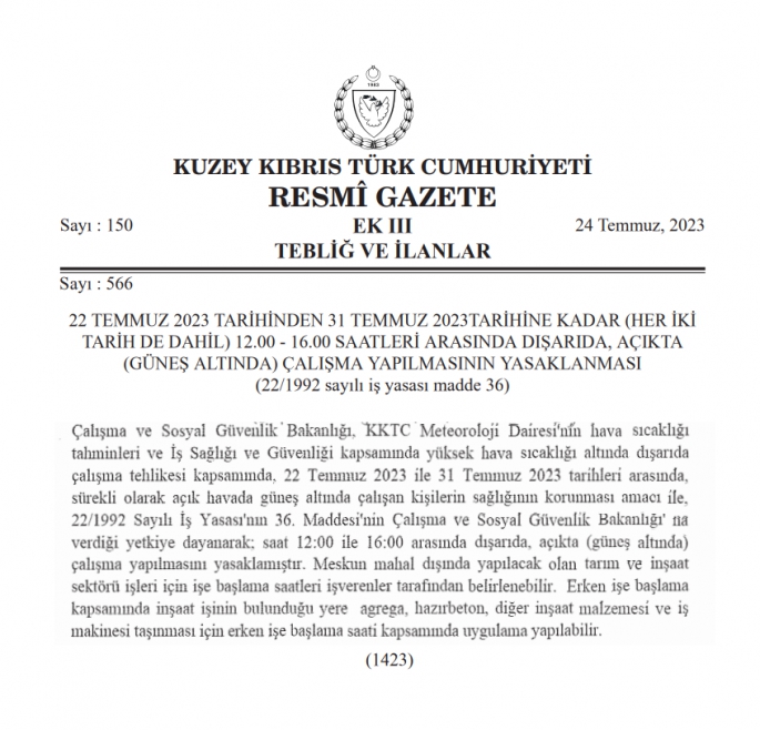 12.00–16.00 SAATLERİ ARASINDA DIŞARIDA ÇALIŞMA YASAĞI 31 TEMMUZ’A KADAR UZATILDI