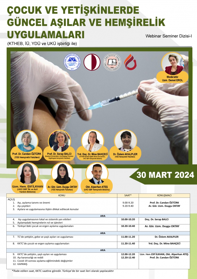  “Çocuk ve Yetişkinlerde Güncel Aşılar ve Hemşirelik Uygulamaları” konulu çevrimiçi seminer düzenlenecek