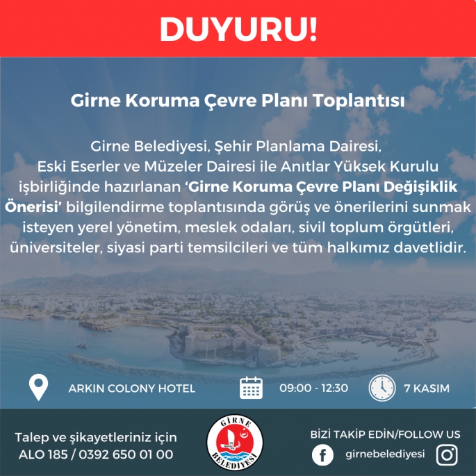  Girne Koruma Çevre Planı Değişiklik Önerisi ile ilgili bilgilendirme toplantısı salı günü yapılacak