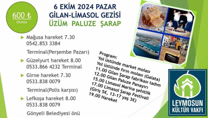  Leymosun Kültür Vakfı 6 Ekim’de Gilan ve Limasol'a gezi düzenliyor