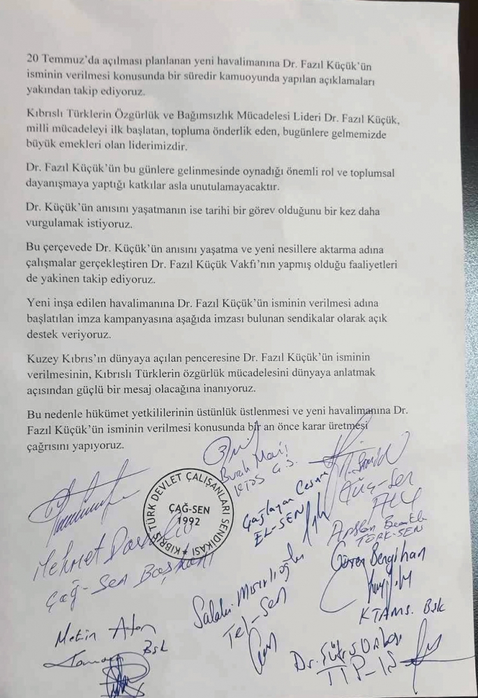 SENDİKALARDAN HÜKÜMETE ÇAĞRI: YENİ HAVALİMANINA DR. FAZIL KÜÇÜK’ÜN ADININ VERİLMESİ İÇİN KARAR ÜRETİN