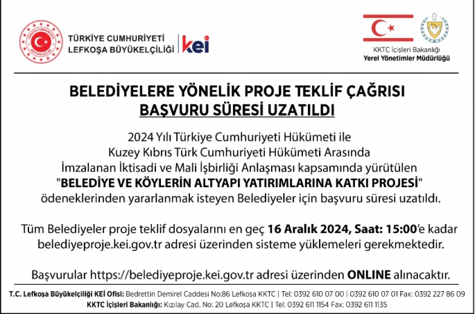  TC Lefkoşa Büyükelçiliği: “Belediyelere yönelik proje teklif çağrısının süresi uzatıldı”