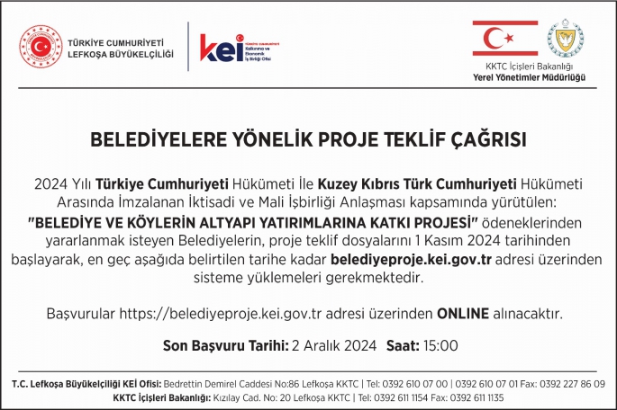 Türkiye’nin Lefkoşa Büyükelçiliği’nden Belediyelere yönelik proje teklif çağrısı...